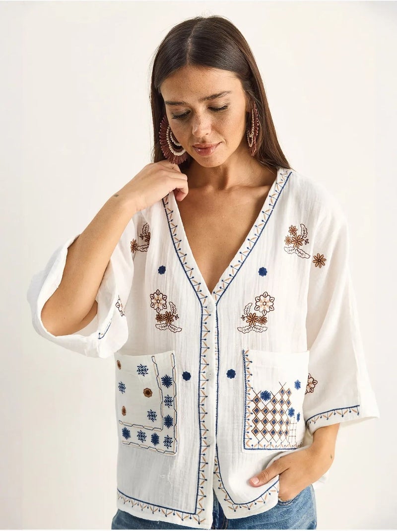 Camisa de crepe de algodão bordado com decote em v lucci Branco - Kiabi
