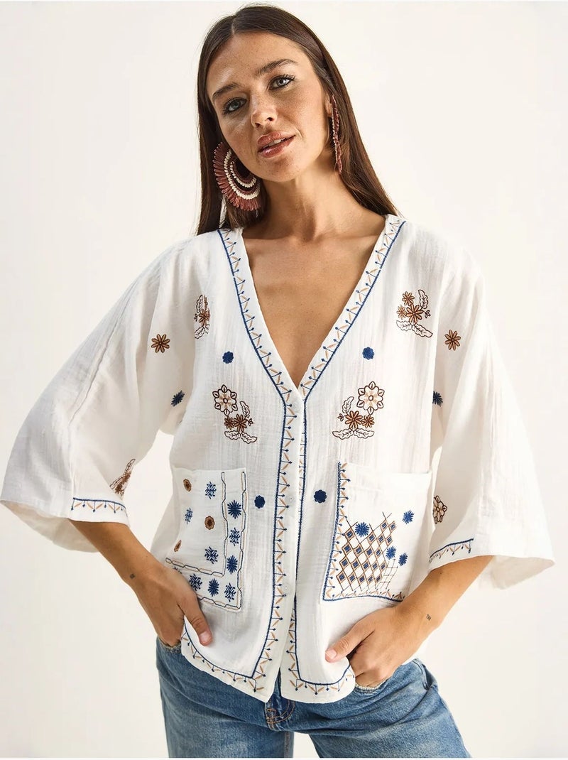 Camisa de crepe de algodão bordado com decote em v lucci Branco - Kiabi