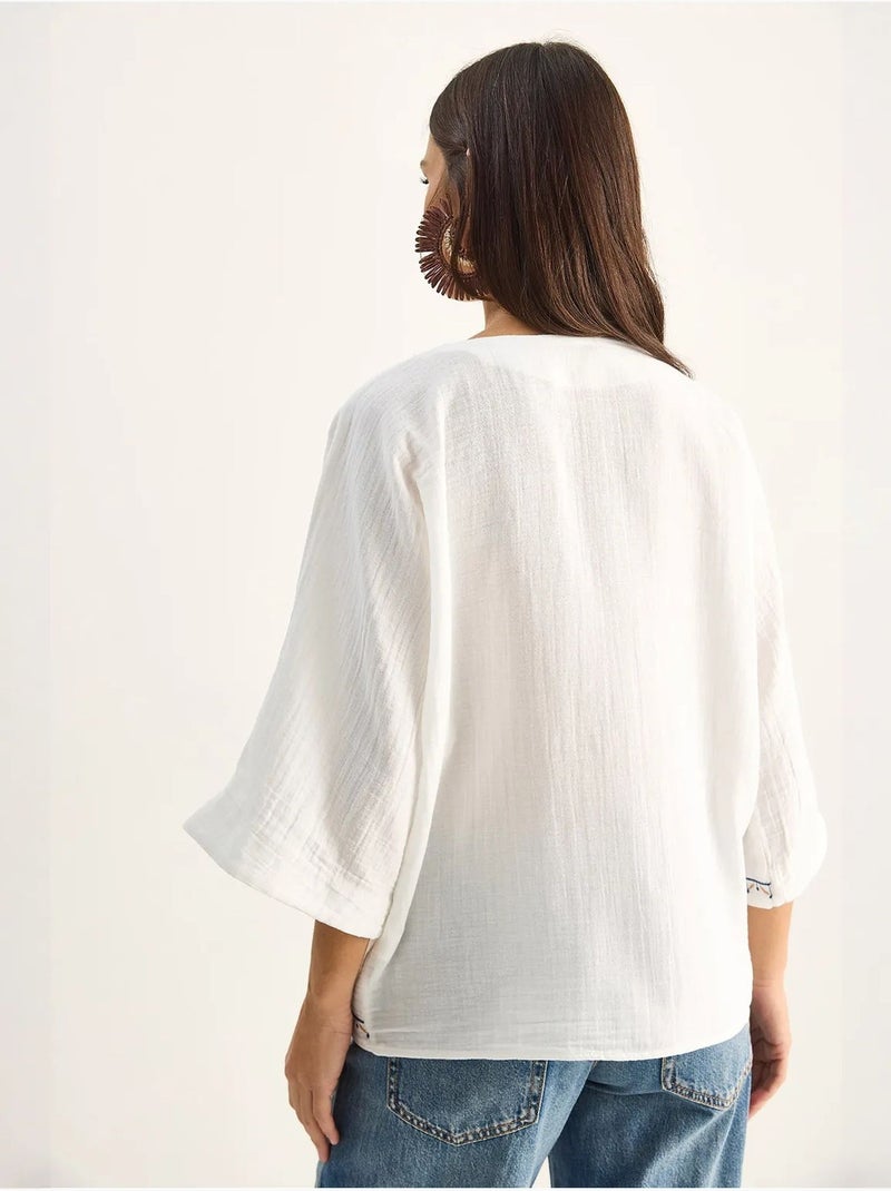 Camisa de crepe de algodão bordado com decote em v lucci Branco - Kiabi