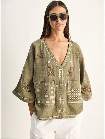 Camisa de crepe de algodão bordado com decote em v lucci