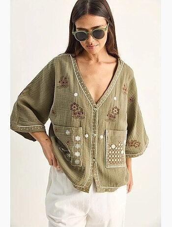Camisa de crepe de algodão bordado com decote em v lucci