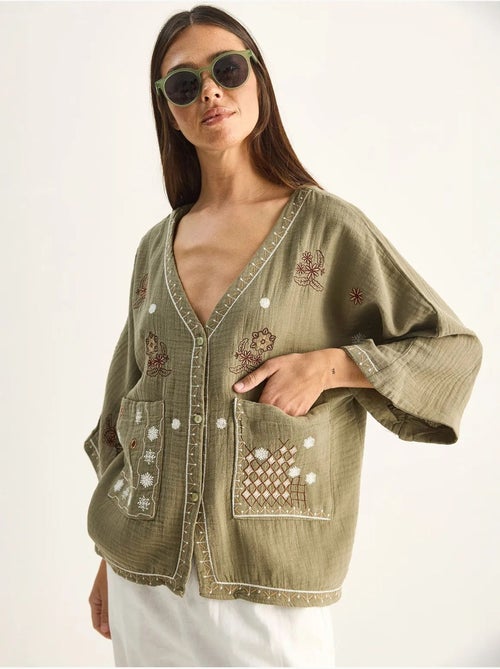 Camisa de crepe de algodão bordado com decote em v lucci - Kiabi Camisa de crepe de algodão bordado com decote em v lucci - Kiabi
