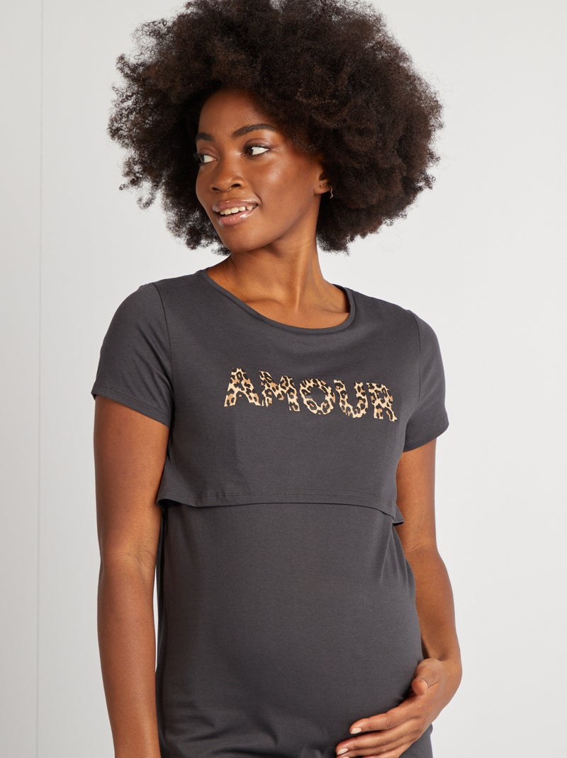 Camisa de dormir de amamentação com mensagem PRETO - Kiabi