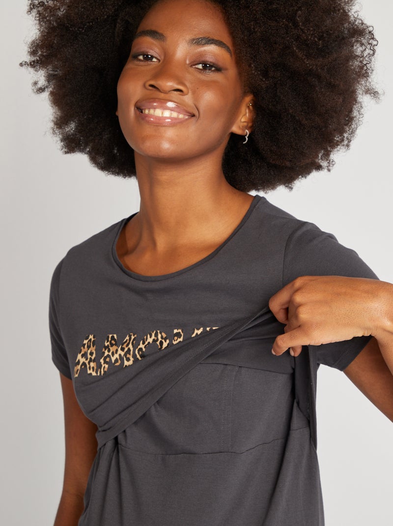 Camisa de dormir de amamentação com mensagem PRETO - Kiabi