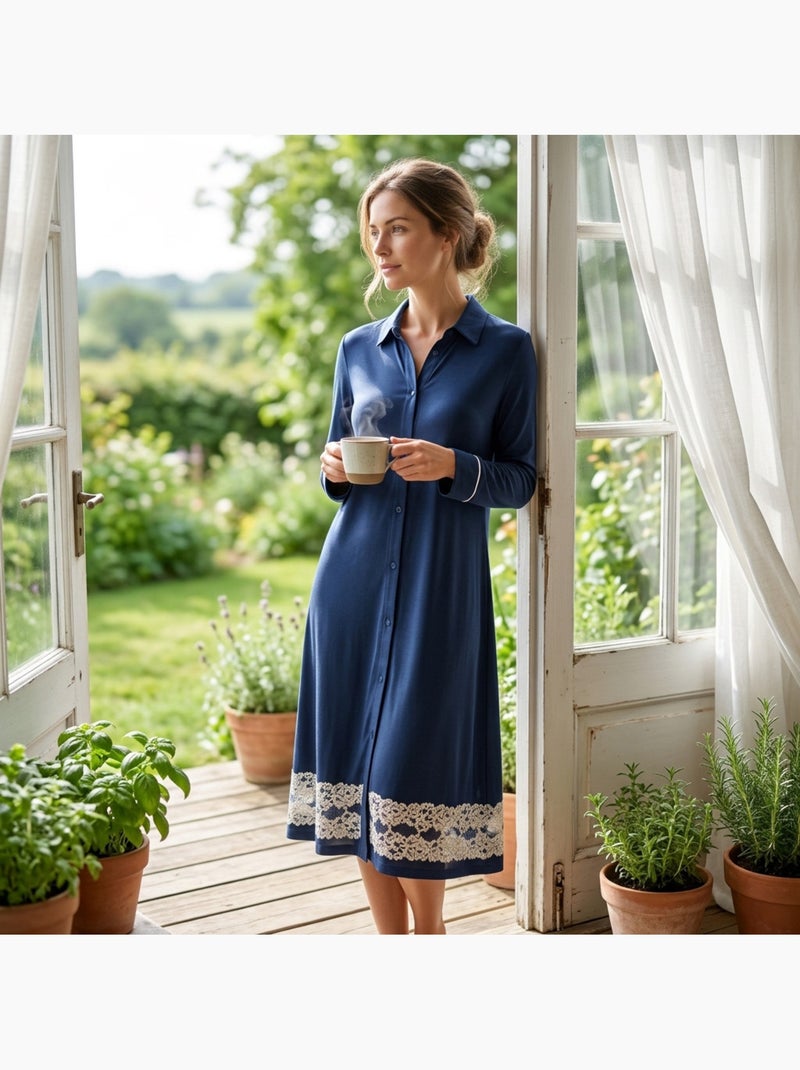 Camisa de Dormir Mulher Botões Renda Viscose OZABI Azul-marinho - Kiabi