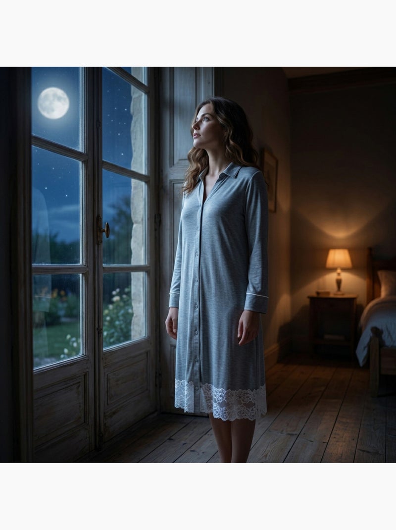 Camisa de Dormir Mulher Botões Renda Viscose OZABI Cinza - Kiabi