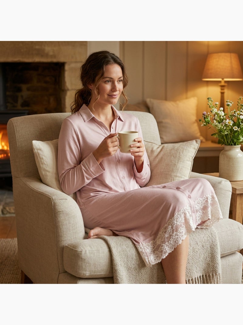 Camisa de Dormir Mulher Botões Renda Viscose OZABI Rosa - Kiabi