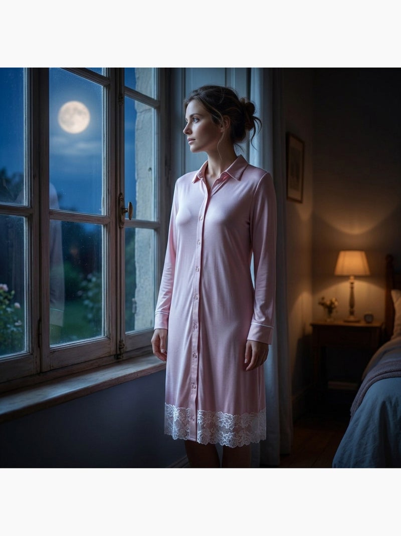 Camisa de Dormir Mulher Botões Renda Viscose OZABI Rosa - Kiabi