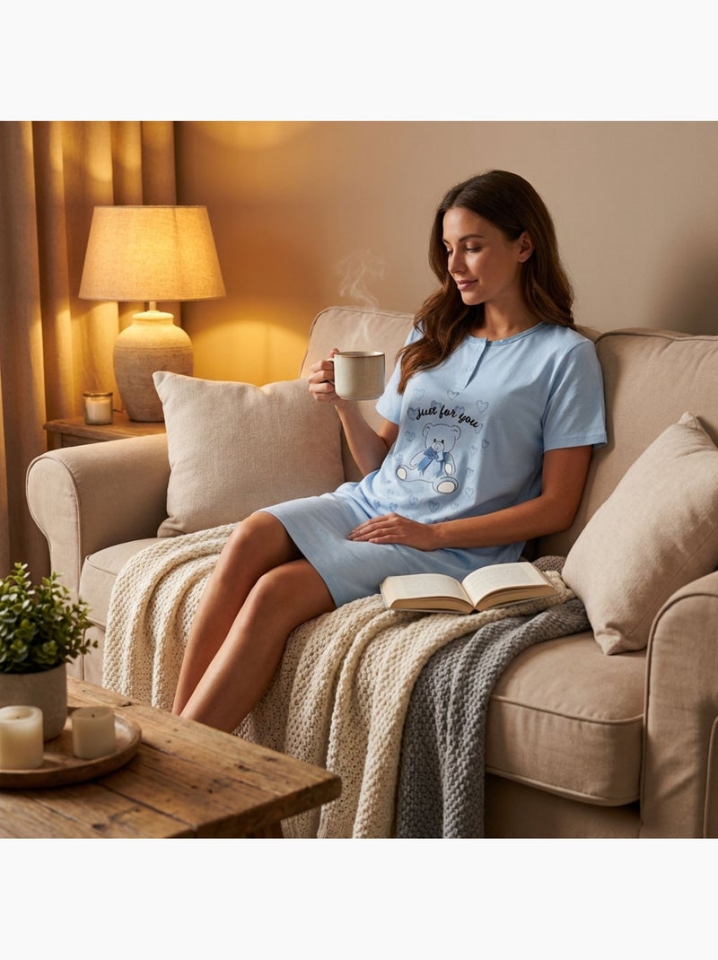 Camisa de Dormir Mulher Microfibra Manga Curta OZABI Azul - Kiabi