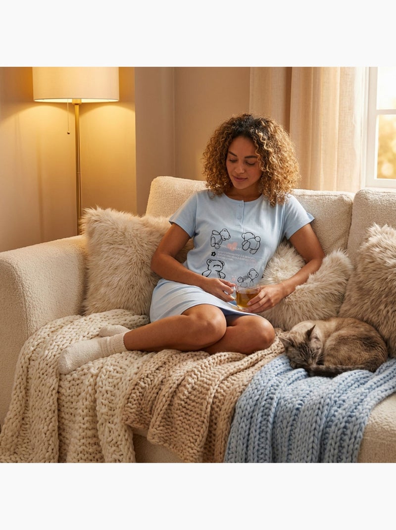 Camisa de Dormir Mulher Microfibra Manga Curta OZABI Azul - Kiabi