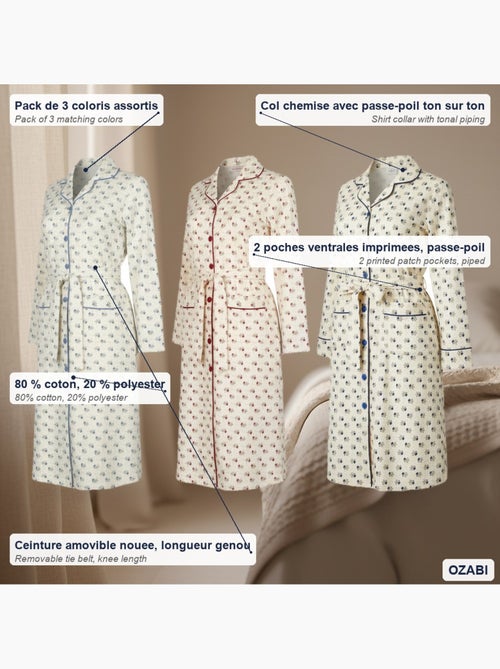 Camisa de dormir mulher pack de 3 ozabi algodão gola abotoada - Kiabi