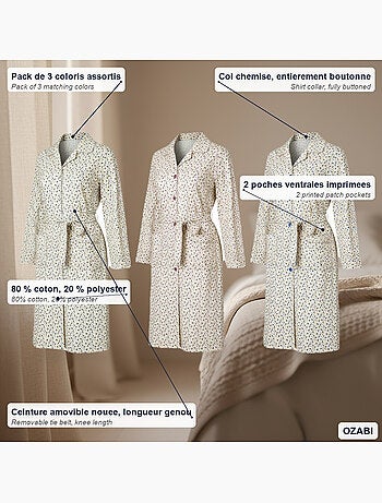 Camisa de dormir mulher pack de 3 ozabi algodão gola abotoada