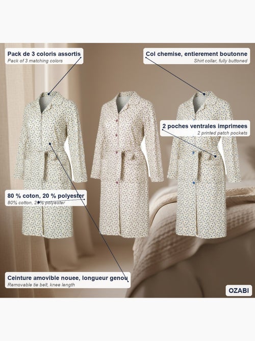 Camisa de dormir mulher pack de 3 ozabi algodão gola abotoada - Kiabi
