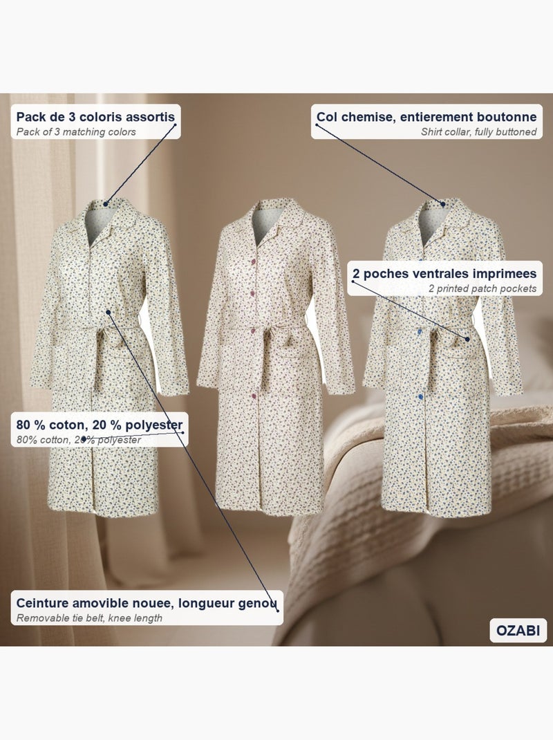 Camisa de dormir mulher pack de 3 ozabi algodão gola abotoada Azul Violeta Cinza - Kiabi
