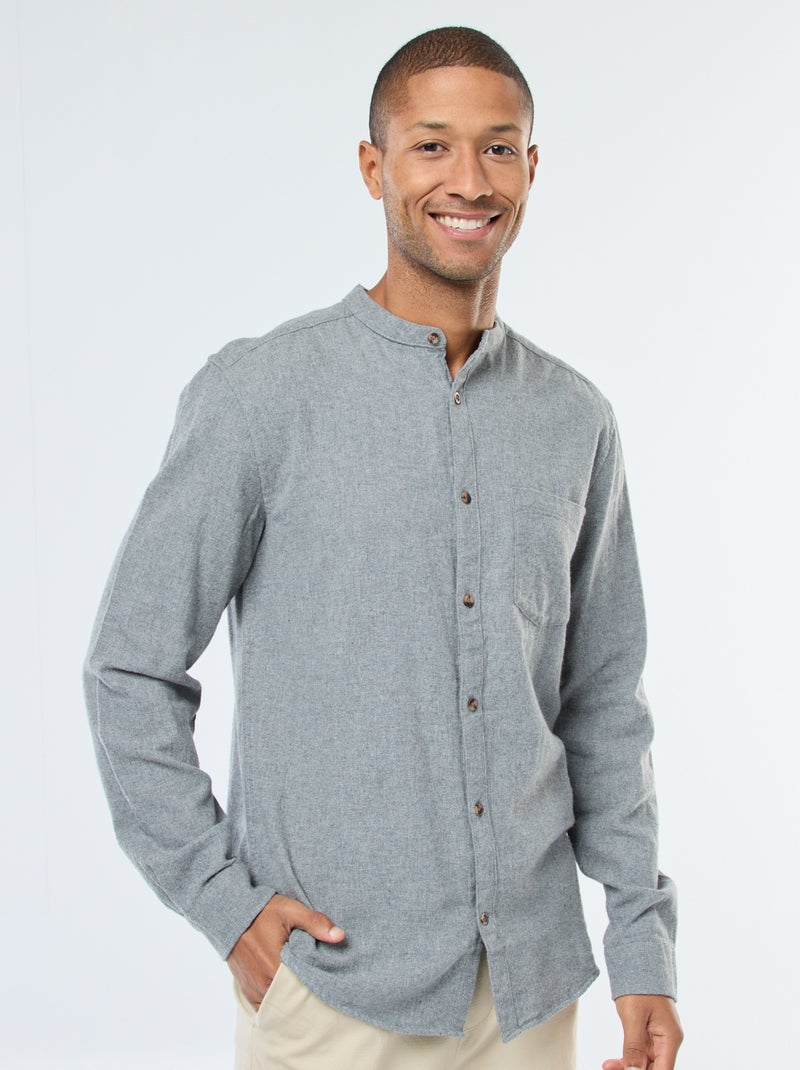 Camisa de flanela lisa com gola mao Cinza - Kiabi