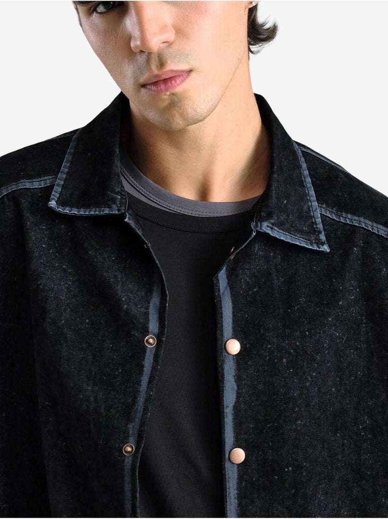Camisa de gabardina com botões de manga comprida com colarinho de casaco giesto Preto - Kiabi