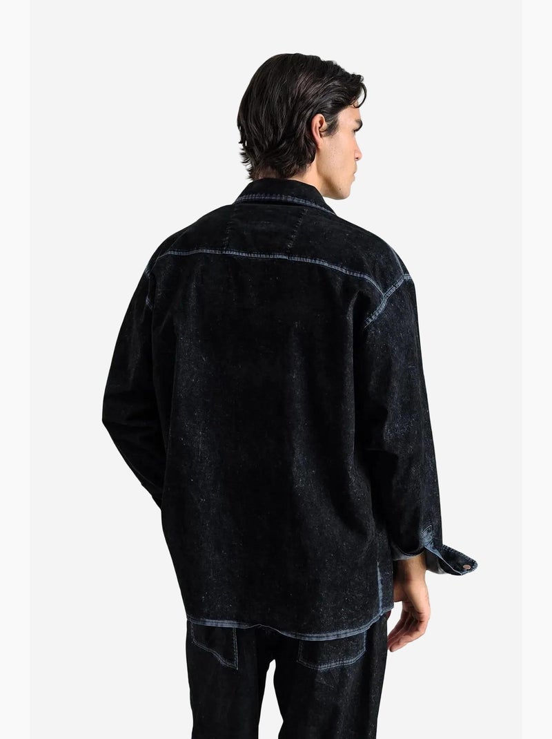 Camisa de gabardina com botões de manga comprida com colarinho de casaco giesto Preto - Kiabi