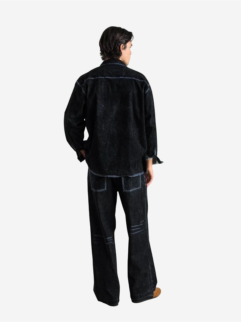 Camisa de gabardina com botões de manga comprida com colarinho de casaco giesto Preto - Kiabi