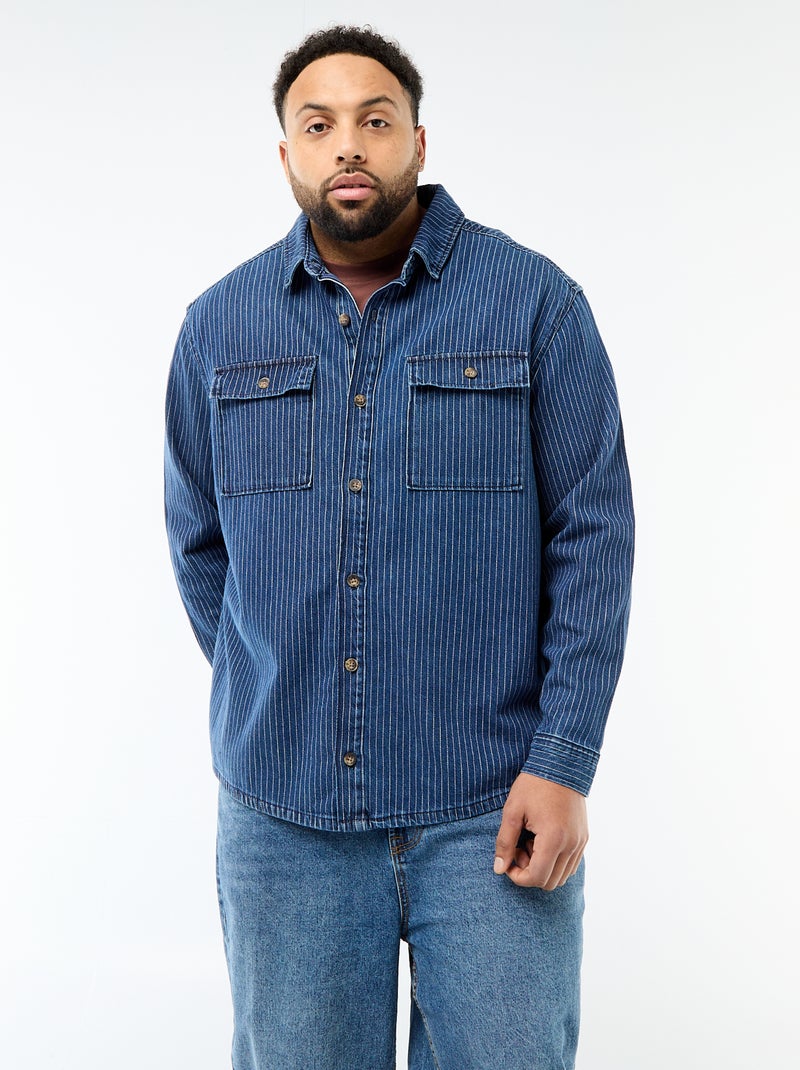 Camisa de ganga às riscas Azul - Kiabi