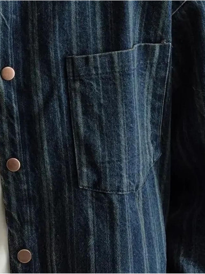 Camisa de ganga às riscas com botões e bolso giesto Azul-marinho - Kiabi