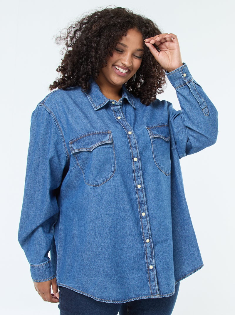 Camisa de ganga com 2 bolsos no peito Azul - Kiabi