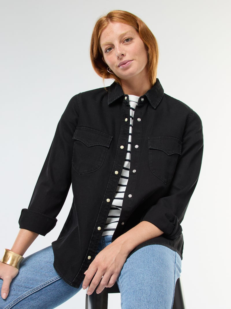 Camisa de ganga com bolsos de aba Preto - Kiabi