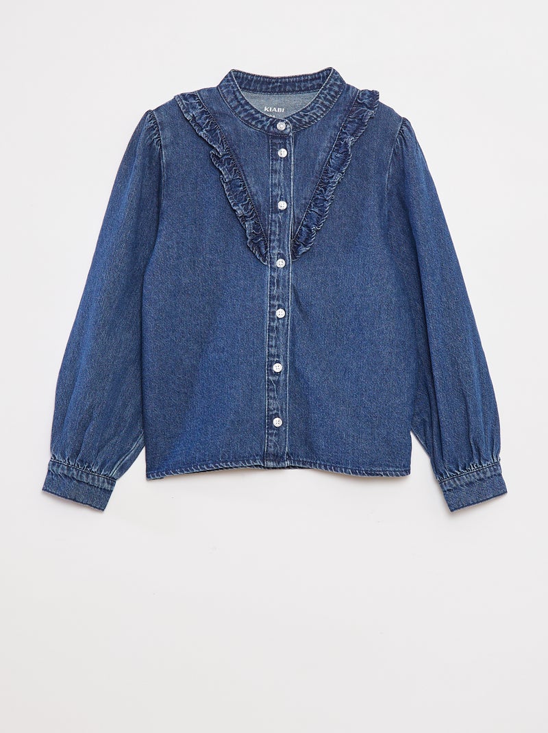 Camisa de ganga com gola com folhos Azul - Kiabi