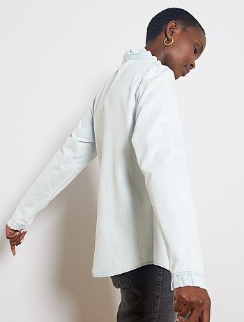 Camisa de ganga com gola com folhos - Kiabi