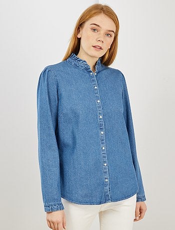 Camisa de ganga com gola com folhos - Kiabi