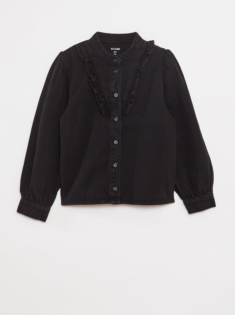 Camisa de ganga com gola com folhos Preto - Kiabi