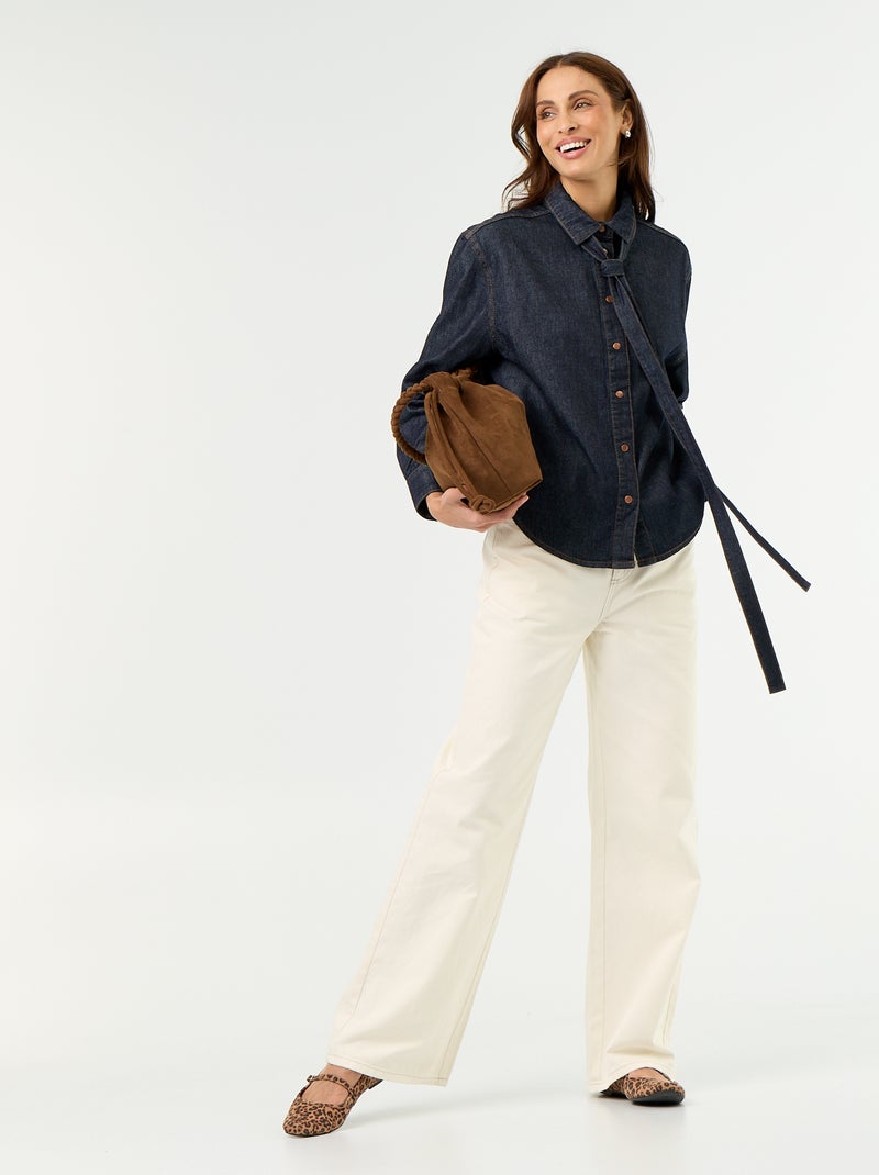 Camisa de ganga com gola lavallière Azul - Kiabi