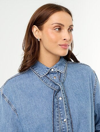 Camisa de ganga com gola lavallière