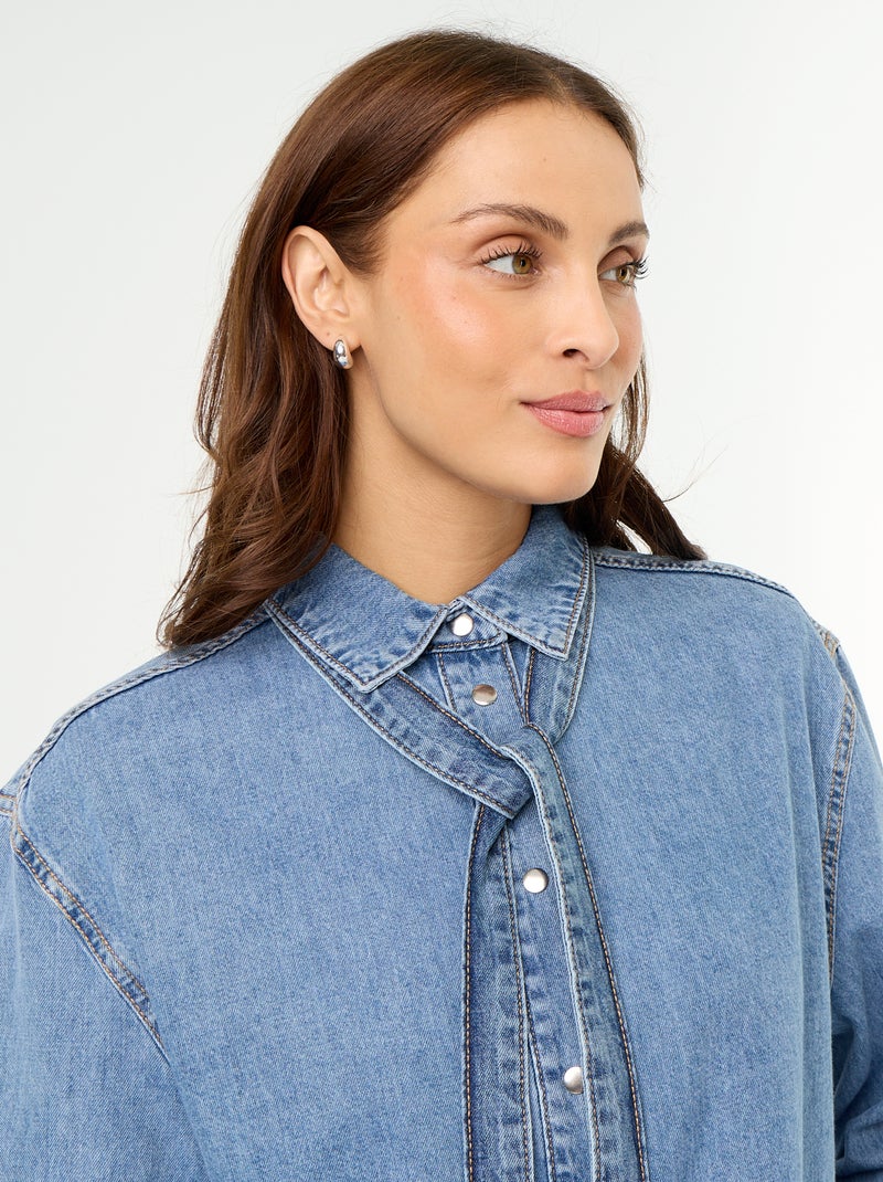 Camisa de ganga com gola lavallière Azul - Kiabi