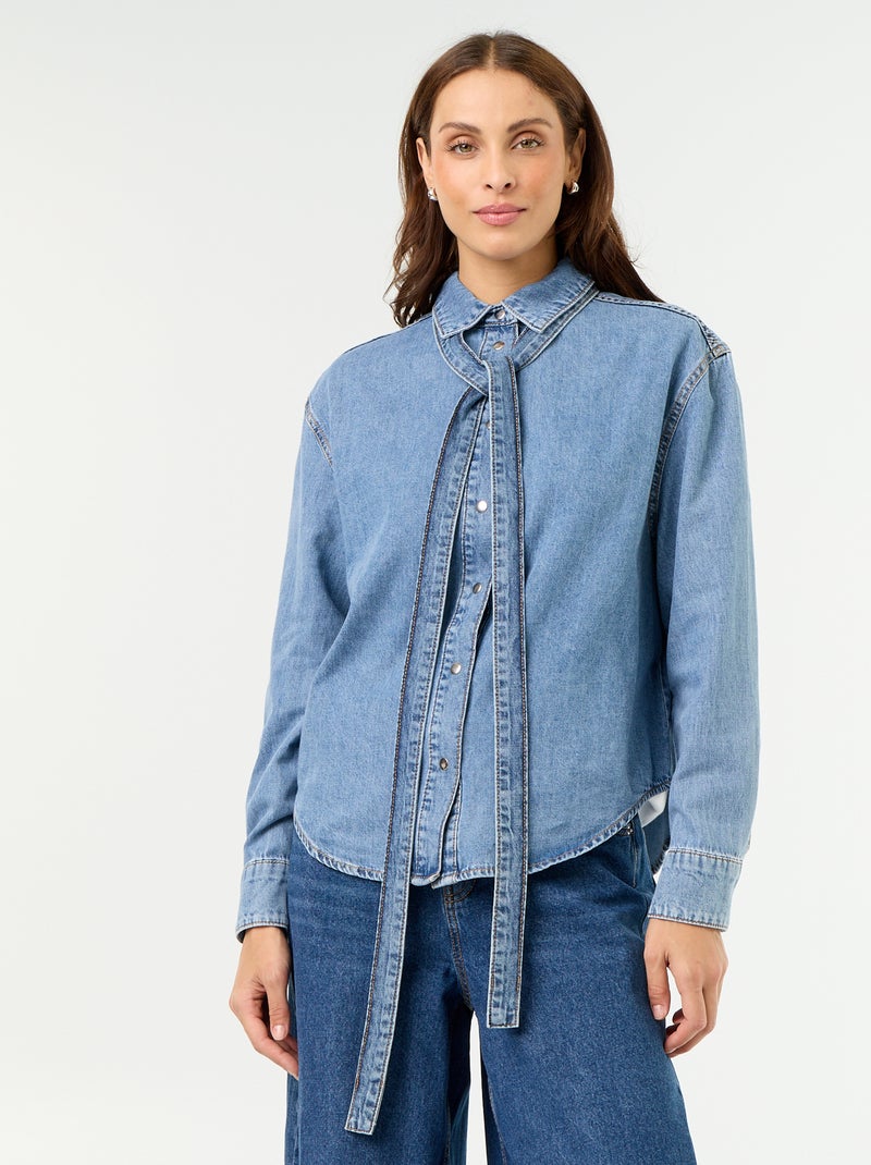 Camisa de ganga com gola lavallière Azul - Kiabi