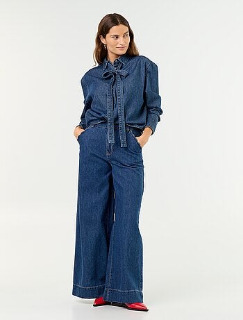 Camisa de ganga com gola lavallière