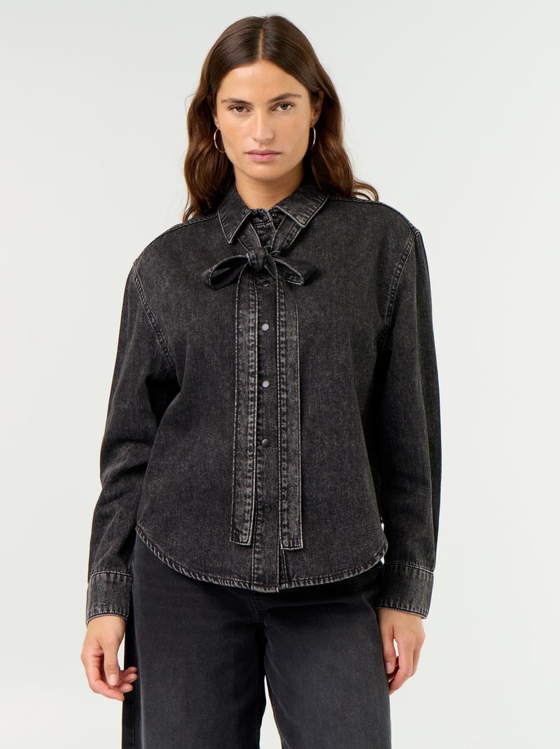 Camisa de ganga com gola lavallière Preto - Kiabi