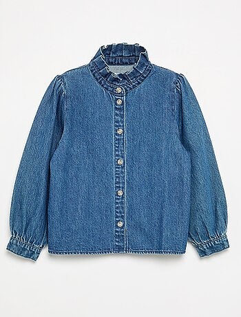 Camisa de ganga com gola subida com folhos
