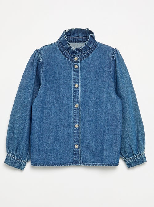 Camisa de ganga com gola subida com folhos - Kiabi