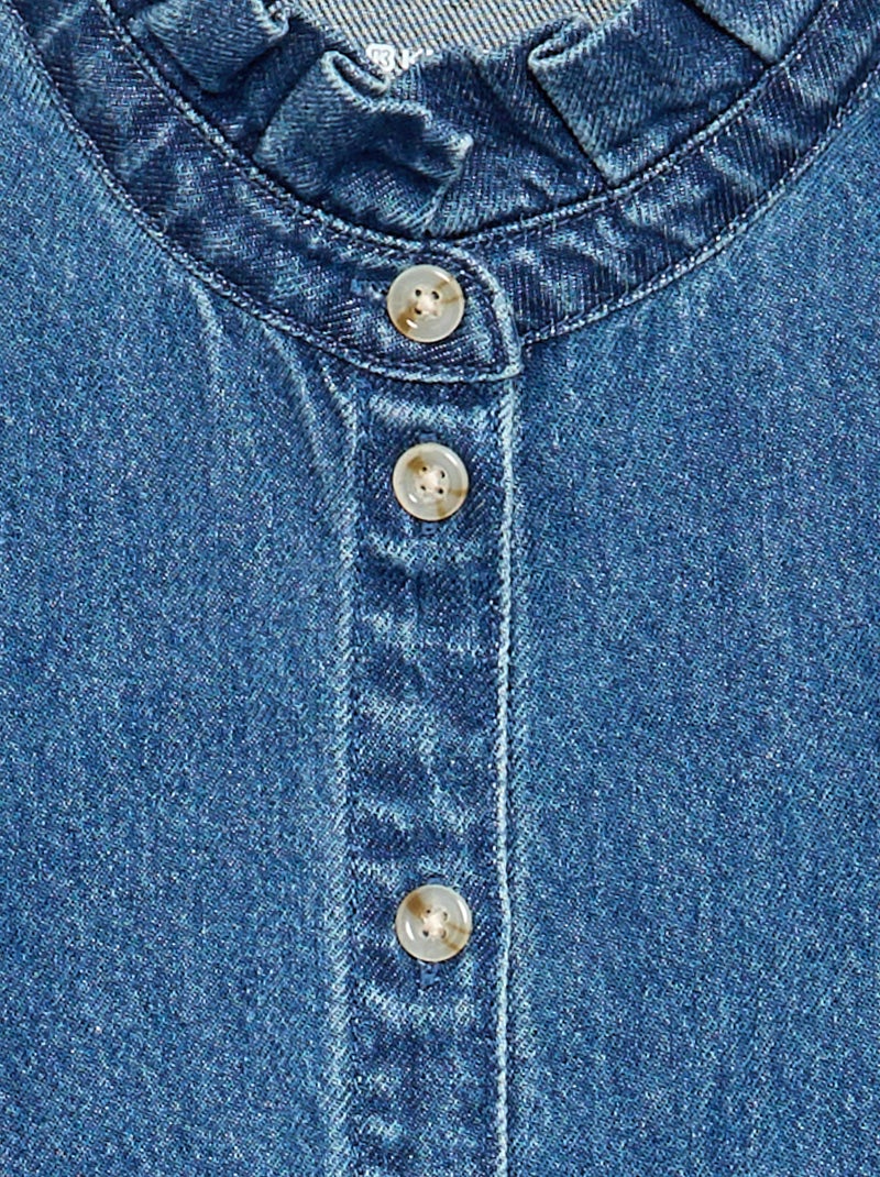 Camisa de ganga com gola subida com folhos Azul - Kiabi