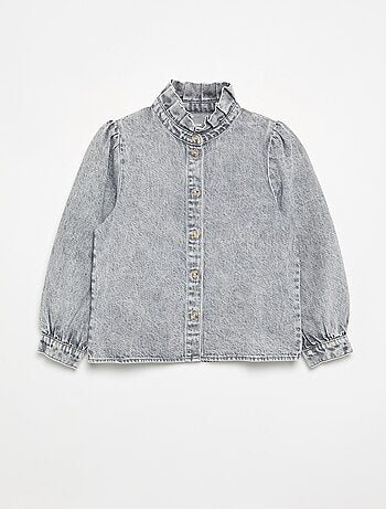 Camisa de ganga com gola subida com folhos