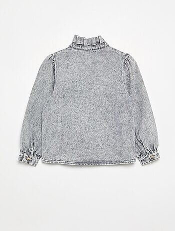 Camisa de ganga com gola subida com folhos