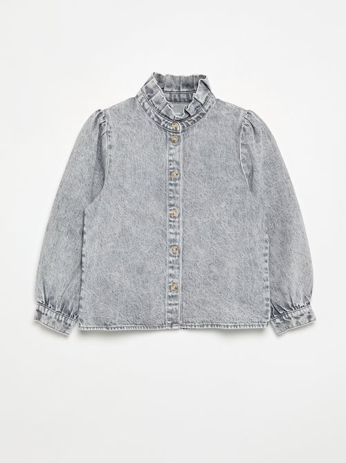 Camisa de ganga com gola subida com folhos - Kiabi