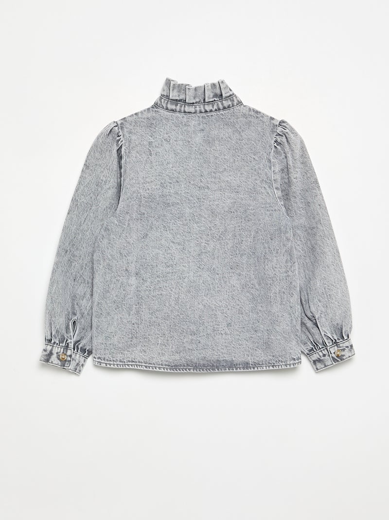 Camisa de ganga com gola subida com folhos Cinza - Kiabi