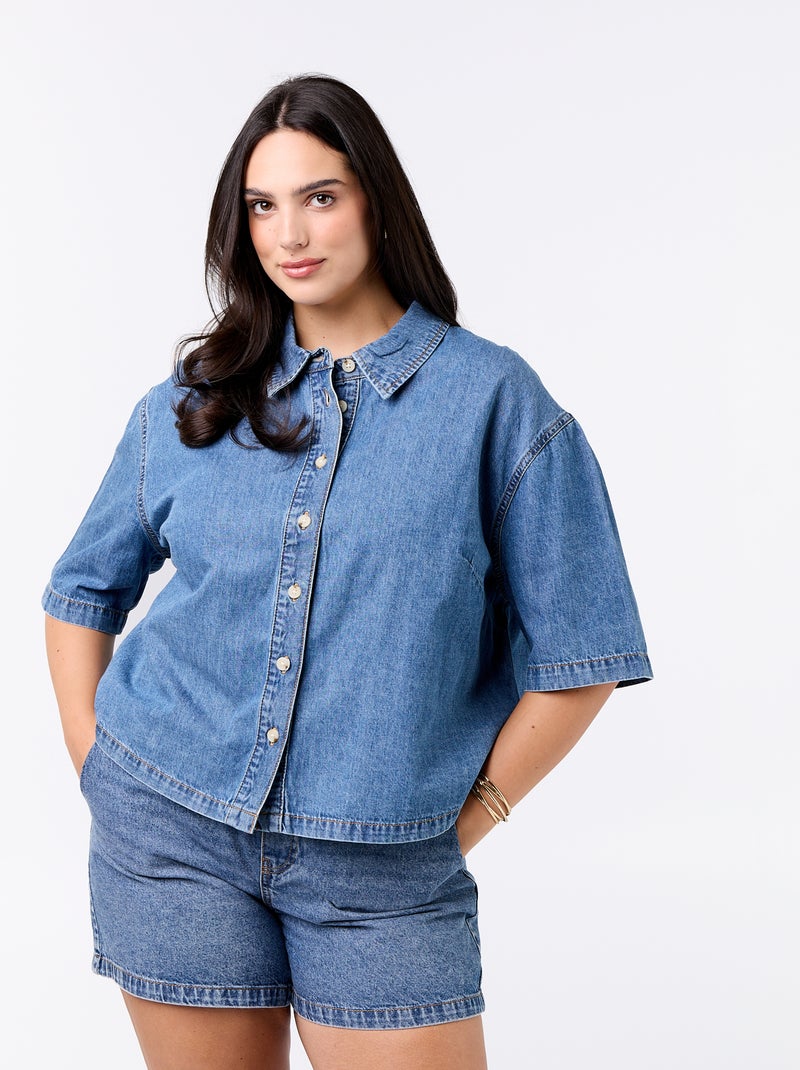 Camisa de ganga de manga curta Azul - Kiabi