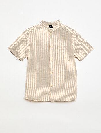 Camisa de gola mao de manga curta em algodão e linho