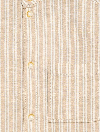 Camisa de gola mao de manga curta em algodão e linho