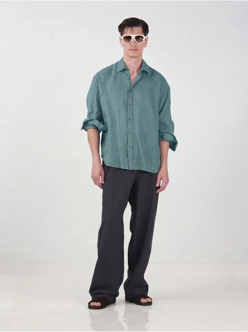 Camisa de homem de manga comprida em mistura de linho oversize giesto Azul-petróleo - Kiabi