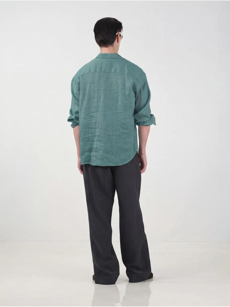 Camisa de homem de manga comprida em mistura de linho oversize giesto Azul-petróleo - Kiabi