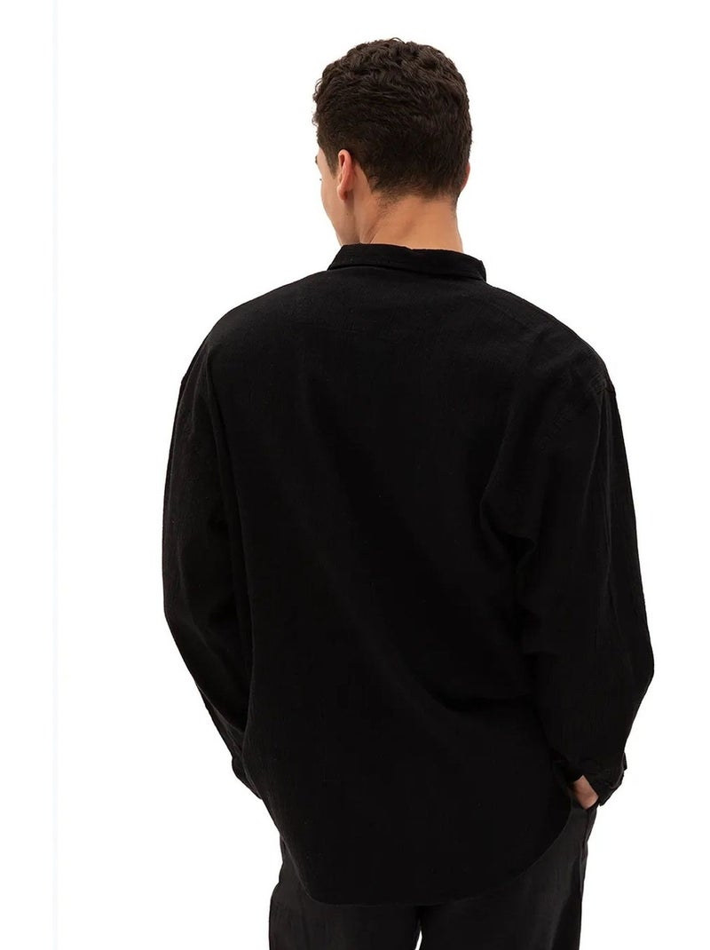 Camisa de homem em algodão de manga comprida com gola abotoada giesto Preto - Kiabi