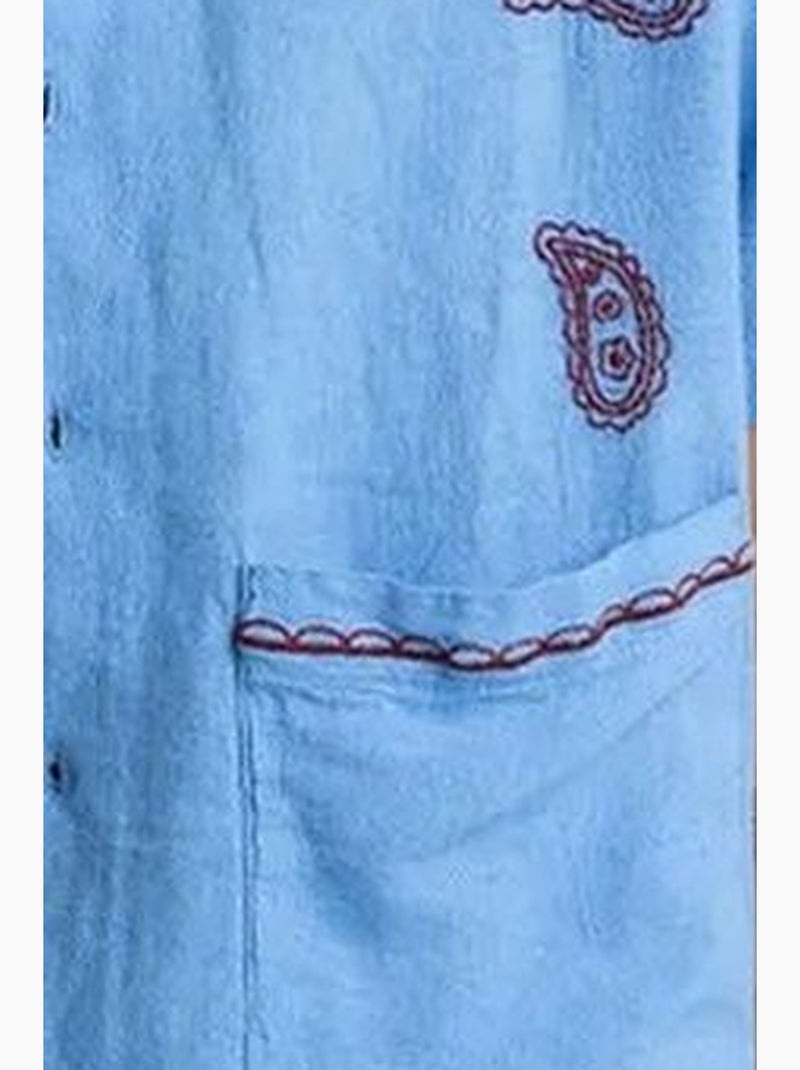 Camisa de homem em popelina de algodão bordada de manga curta giesto Azul - Kiabi